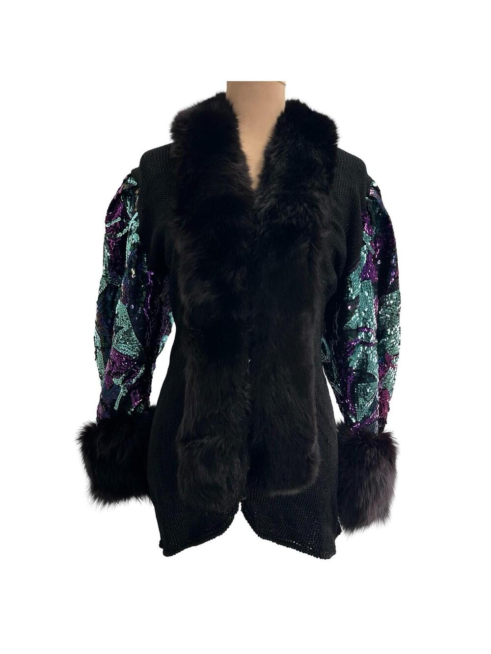 Vintage Delaware Street Norwegian Blue Fox Fur Sequin Sweater Cardigan Medium